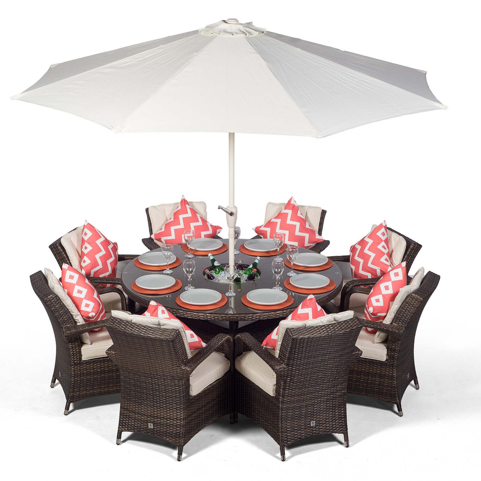 Arizona 8 Seater Round Rattan Dining Set Garden Table & Chairs w/ Ice