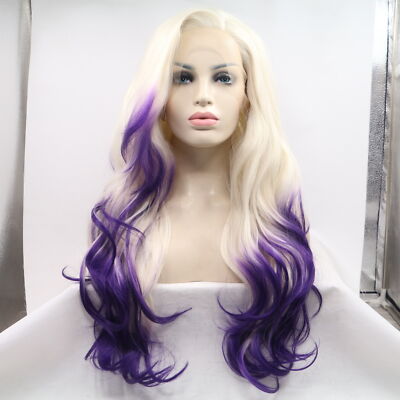 Long Natural Wavy Ombre Blonde Purple Two Tone Lace Front Wig