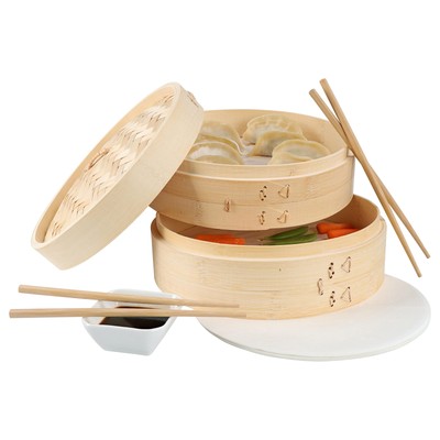 Cesta vaporera de bambú de 2 niveles y 10 pulgadas para albóndigas Dim Sum