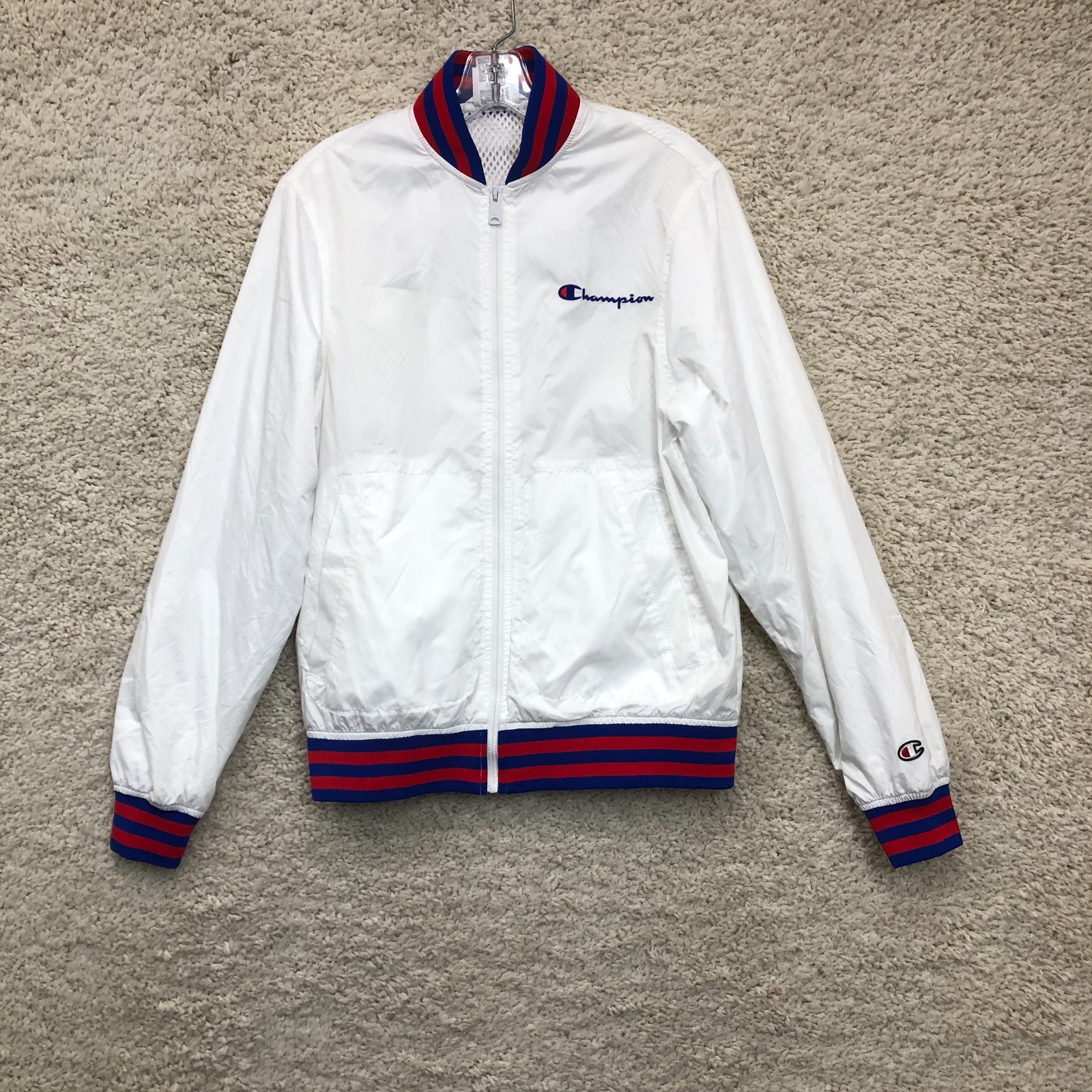 Champion Jacket Small Adult White Full Zip Windbreaker Embroidered Pocket Mens S