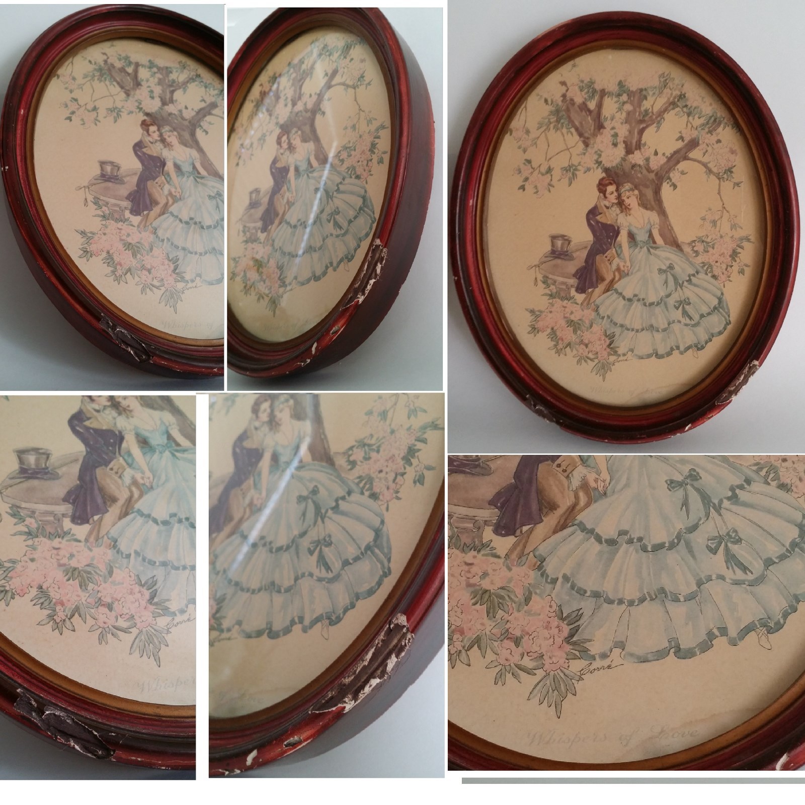 Old Love Scenes Courting Couple in Thick Antique Picture Frames Oval Glass 2 LOT