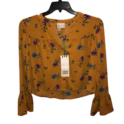 New Mimi Chica Womens XS Gold Yellow Floral Long Bell Sleeve Crop Blouse Top