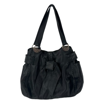 Brighton Handbag Black Pebbled Leather Cleo Bow Shoulder Bag Classic Purse Chic