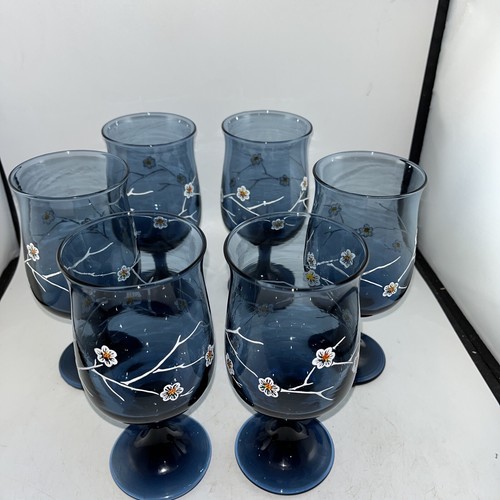米国　アンティークガラス　チューリップ　9本 Vintage MCM Libbey Wine Goblet Tulip Glass Dusky Blue Hand