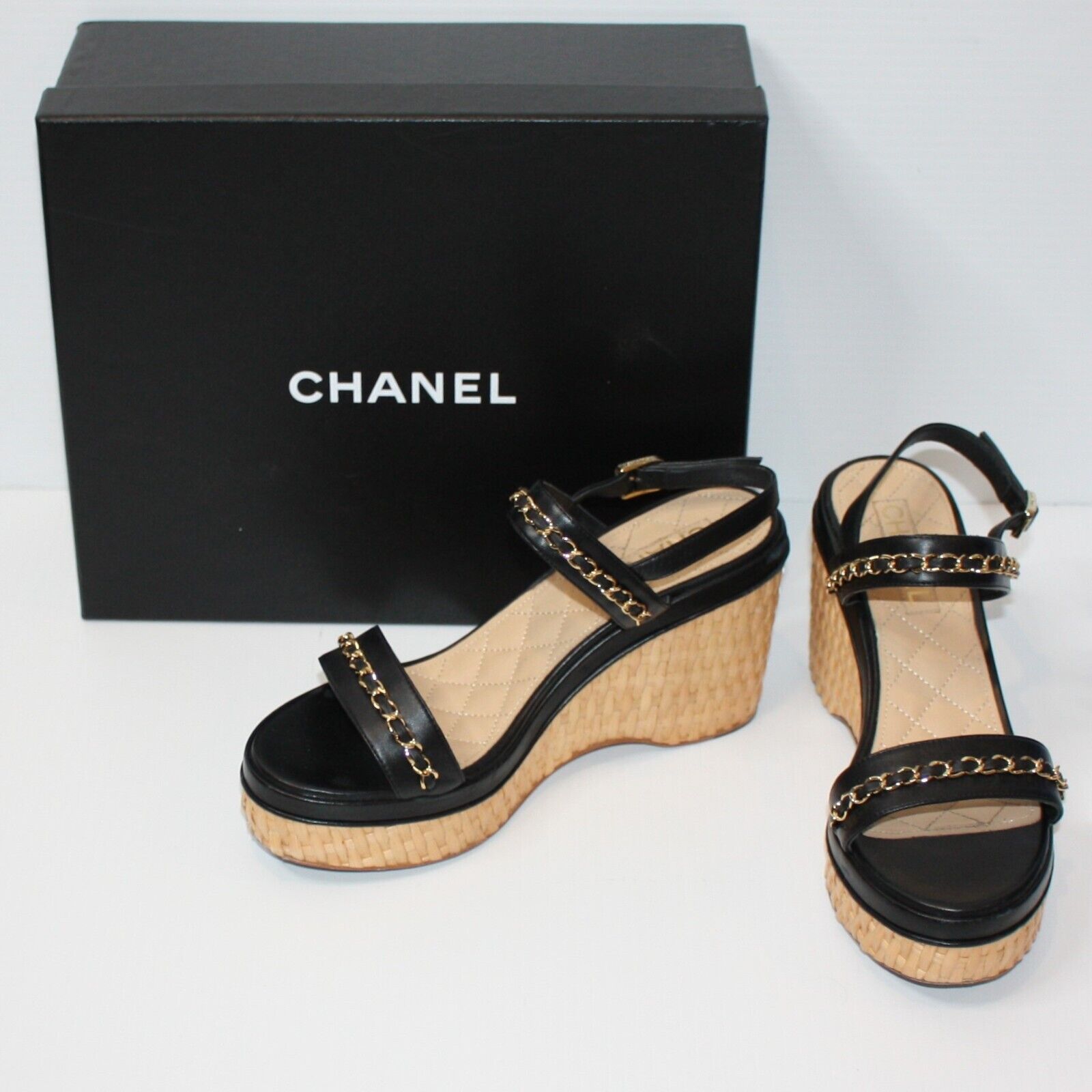 Chanel 20C Black Leather CC Chain Wicker Platform Wedge