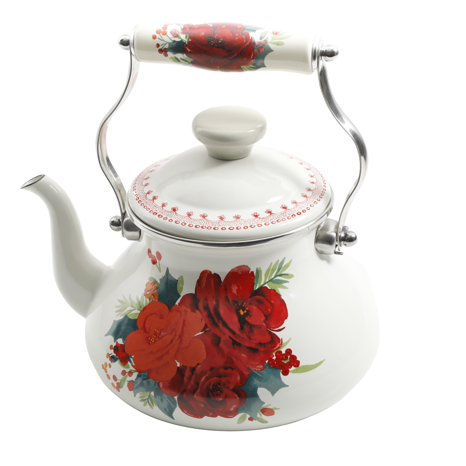 The Pioneer Woman Cheerful Rose Enamel on Steel 1.9 Quart Tea Kettle Y48