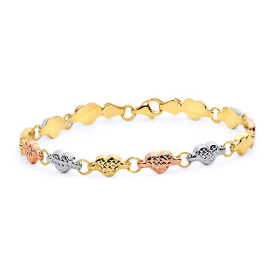 Pre-owned Wellingsale 14k Tri Color Gold Diamond Cut Heart Bracelet - 7.25"