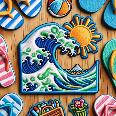 Retro Ocean Wave Sun Patch Iron-on Applique Clothing Vest Jacket Beach