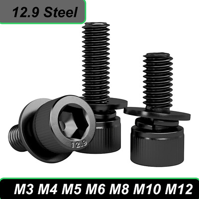 M3 M4 M5 to M12 Black 12.9 High Tensile Allen Bolt Socket Cap Screws + Washers 