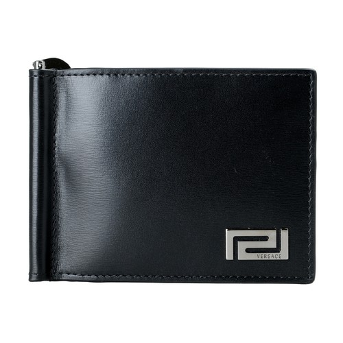 Pre-owned Versace Men's 100% Leather Black Money Clip Wallet