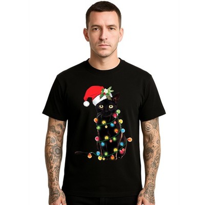 Black Cat Christmas Lights Santa Party Mens T Shirt Joke Gift Funny Xmas Tee Top