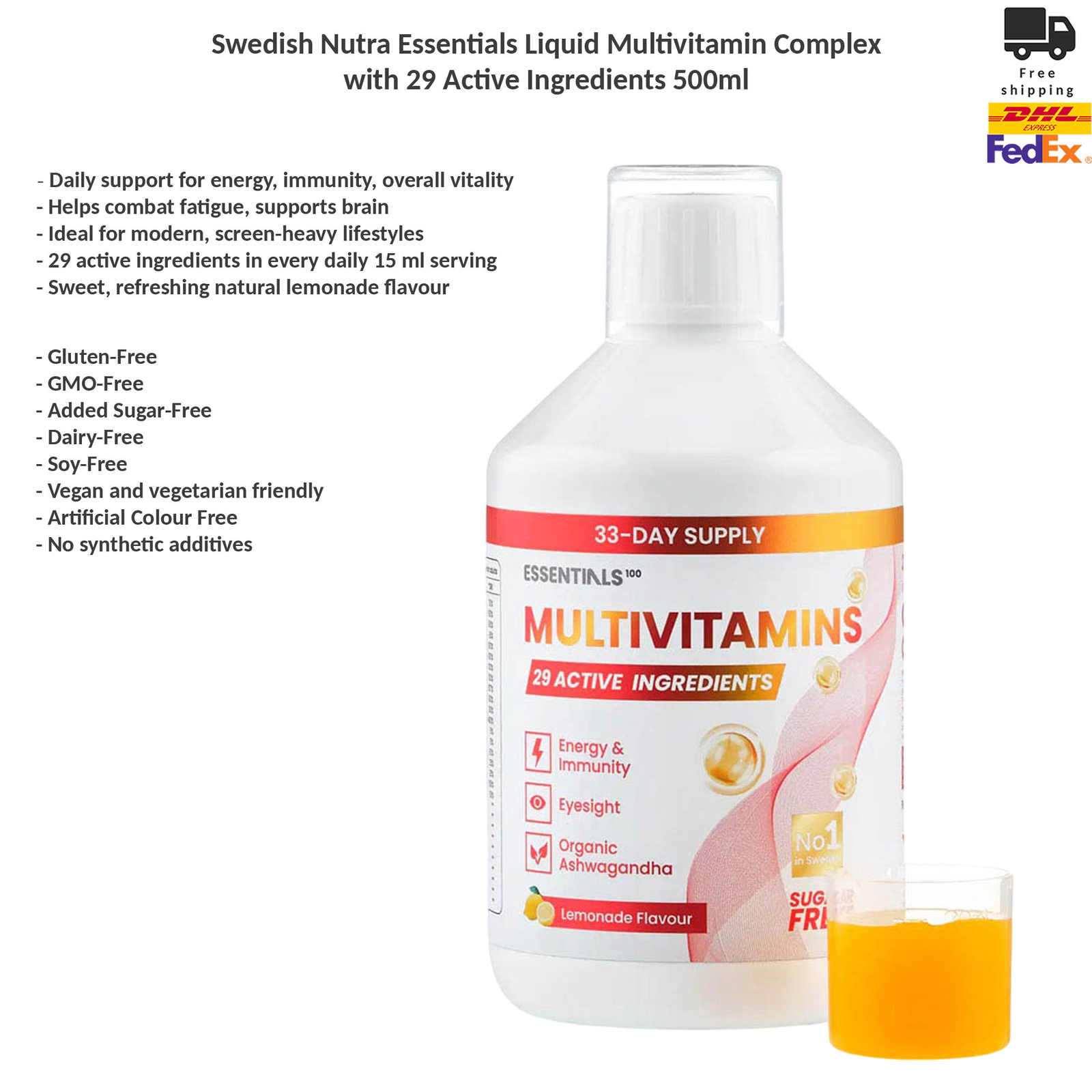 Swedish Nutra Essentials Liquid Multivitamin Complex 29 Active Ingredients 500ml