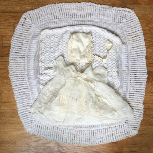 Vintage White Baby Christening Gown Lace Baptism Dress Bonnet and Blanket Set