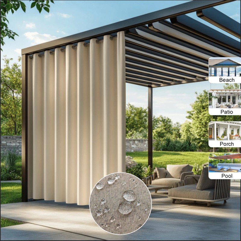 1 panel Waterproof Outdoor Curtain, 100% Blackout Drapes Top Grommets, Curtains