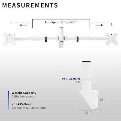 VIVO White Steel Telescoping Flush Wall Mount for Dual 21" to 32" Monitors