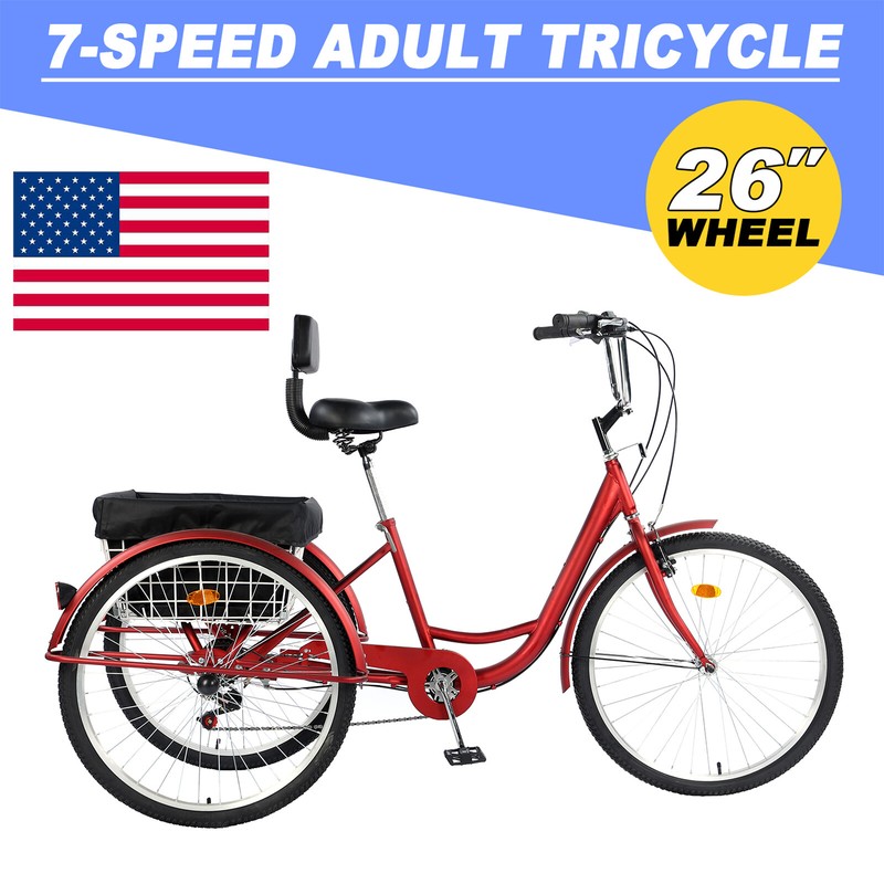 Adult Tricycle Three Wheel Trike Bike Cruiser 7 Speed 26″ w/ Cargo Basket RED