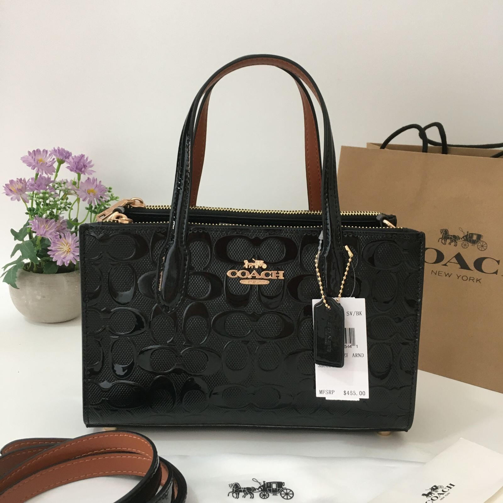 COACH Nina Small Tote Bag 25 Signature Patent Leather Black