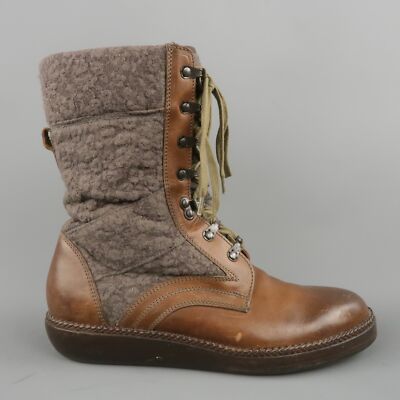 LANVIN Size 7 Brown  Leather & Textured Lace Mid Calf Combat Boots