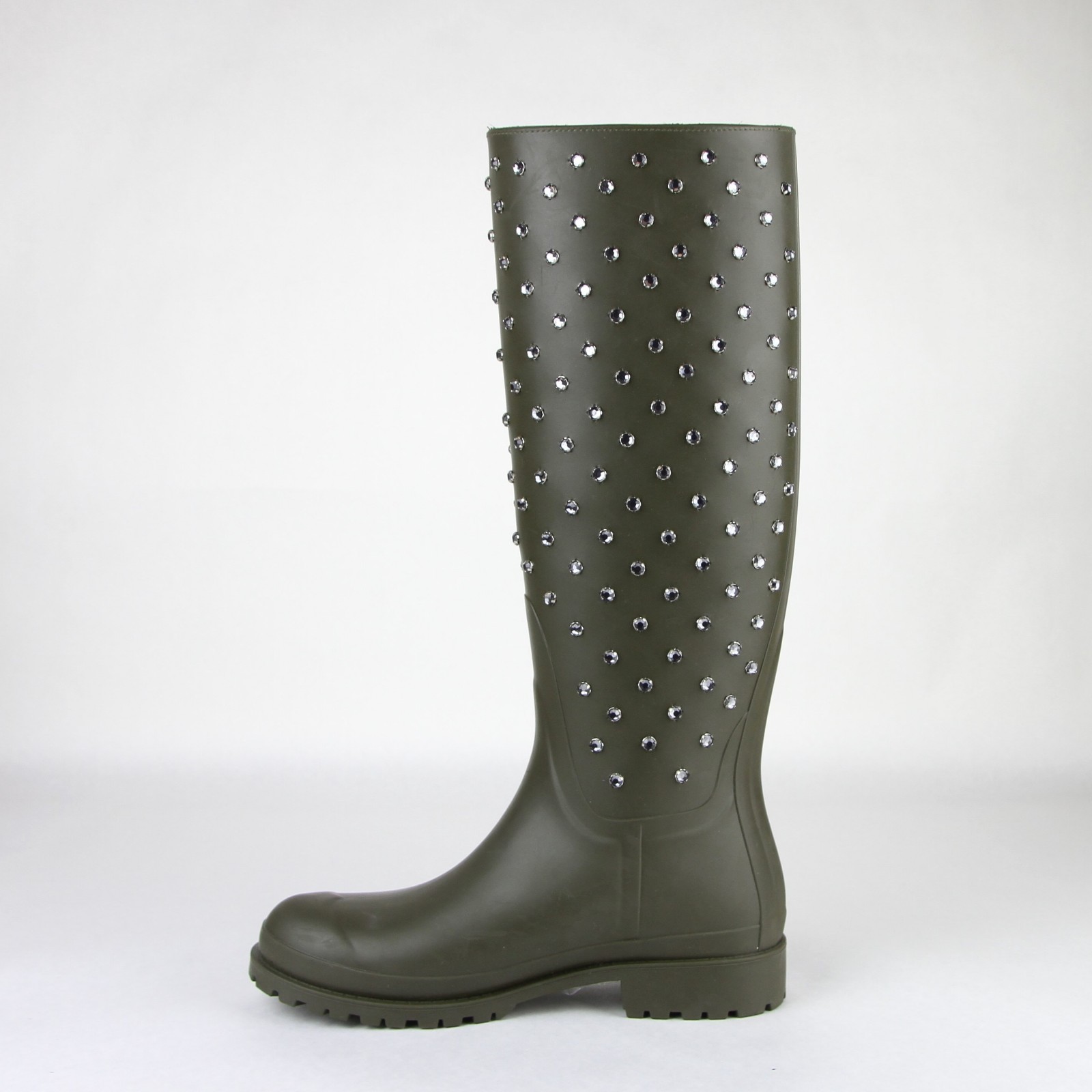 Pre-owned Saint Laurent Women Olive Green Rubber Rain Boots W/diamond Studs 427307 2906