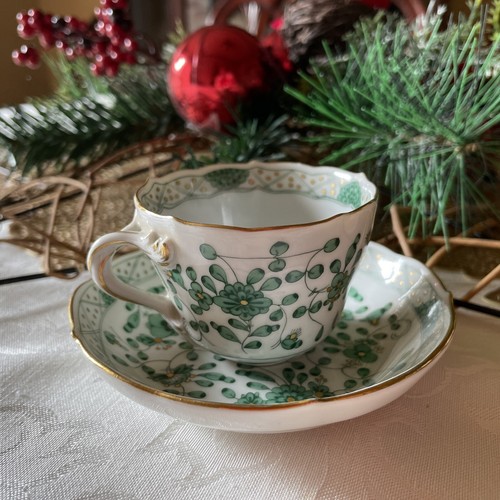 Vintage Meissen Porcelain Green Indian Flowers Cup & Saucer- 1st