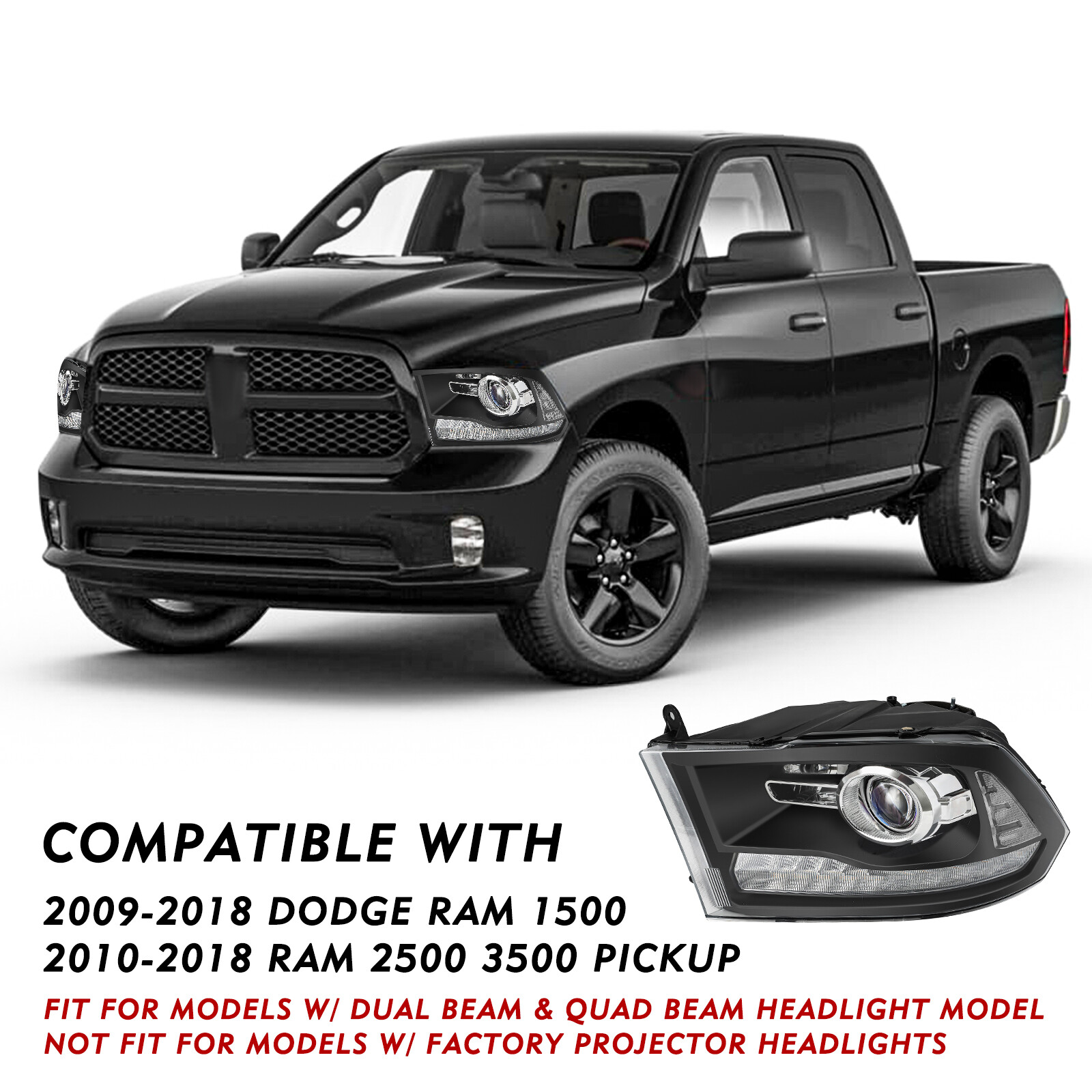 w/ Switchback LED Signal For 2009-2018 Ram 1500 Black Projector Headlight LH&RH