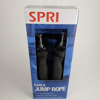 Adjustable 9 ft Covered Steel Cable Jump Rope, Black, SPRI NEW