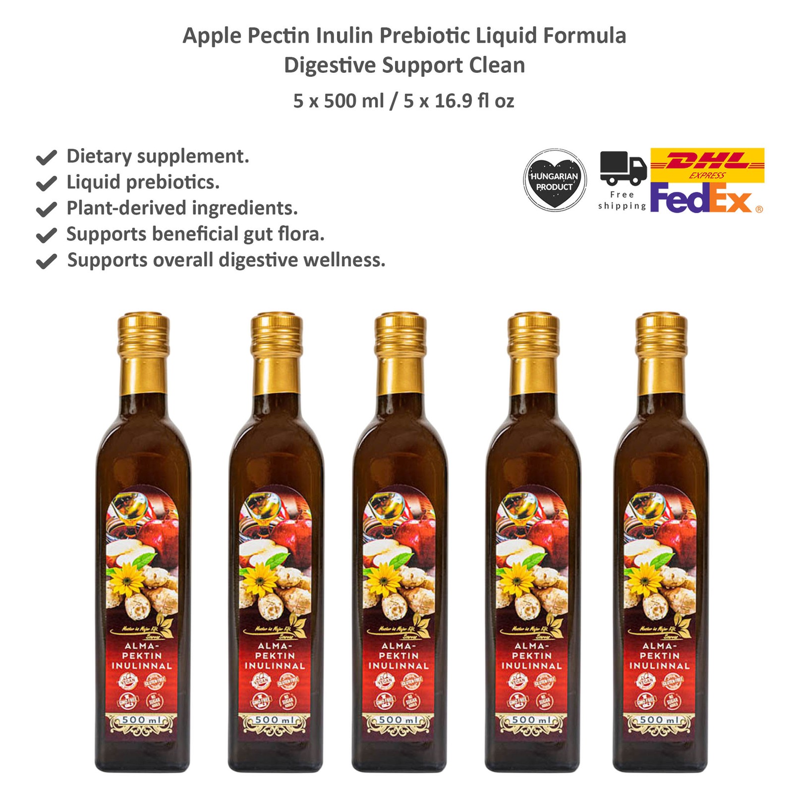 Apple Pectin Inulin Prebiotic Liquid Formula, Prebiotic Supplement 5 x 500ml