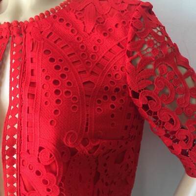 Pre-owned St John Knit Size 6 Lace Jacket African Red Polyester & Silk
