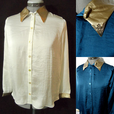 Nwt TEA N ROSE Western Satin Shirt SM Blue Ivory Gold Spur collar LS blouse top