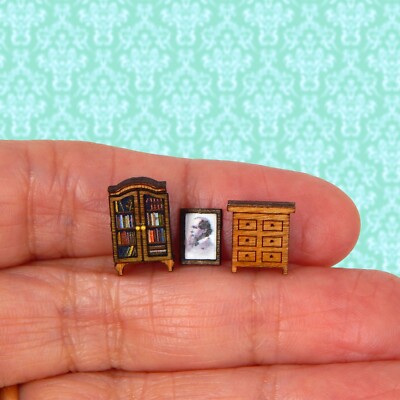 1/144 Scale Dollhouse Miniature Dickens Library Study Furniture Set of 3 Tiny!