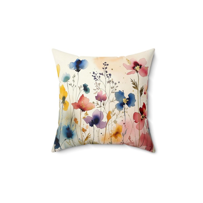 Watercolor Wildflowers Throw Pillow Square Faux Suede Floral Boho