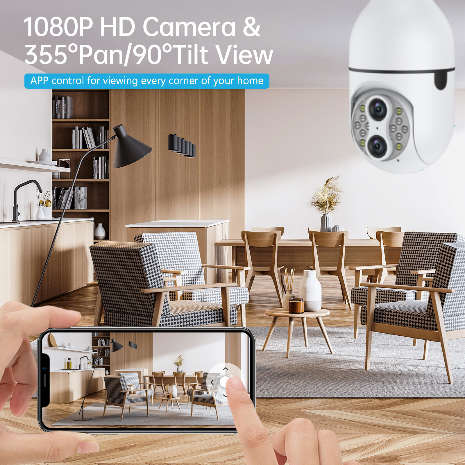 2MP Dual Lens WiFi Light Bulb Security Camera 10X Hybrid Zoom Light Socket Cam