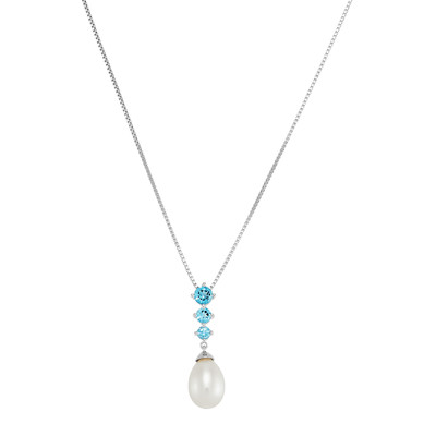 Finecraft Freshwater Pearl Necklace with Blue Topaz in Sterling Silver, 18''