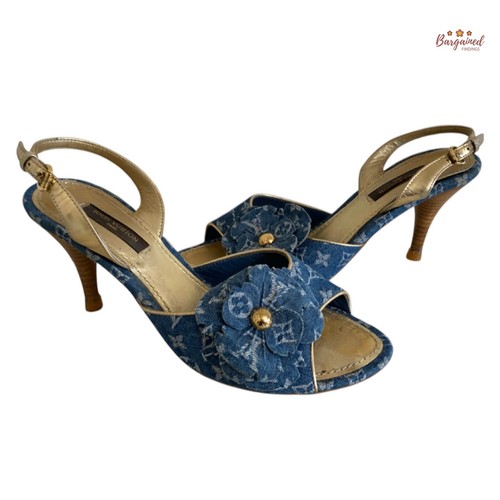 ルイヴィトン　36 Authentic Louis Vuitton Blue Denim Monogram Canvas Slingback