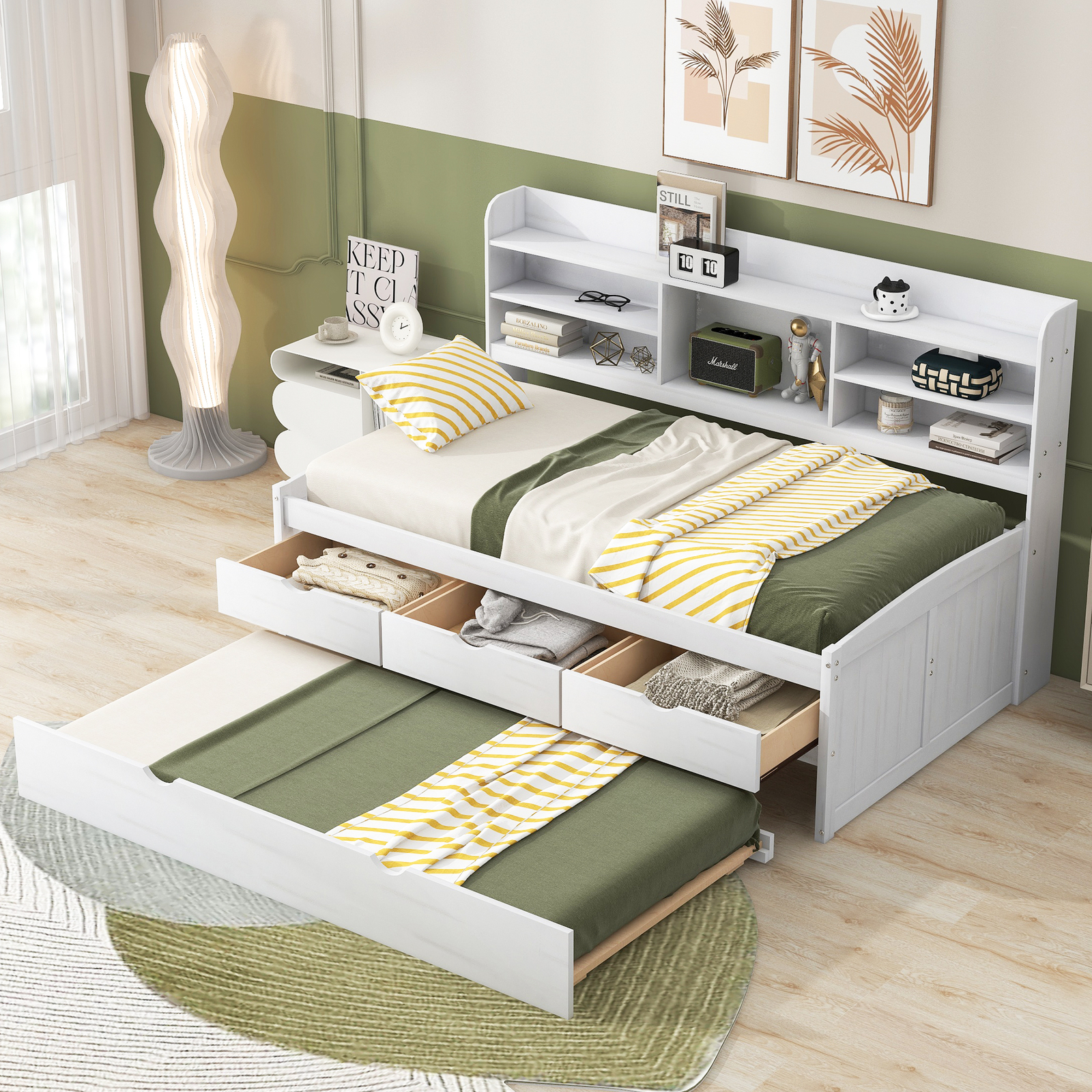 W Bookshelves 3 Drawers Trundle White