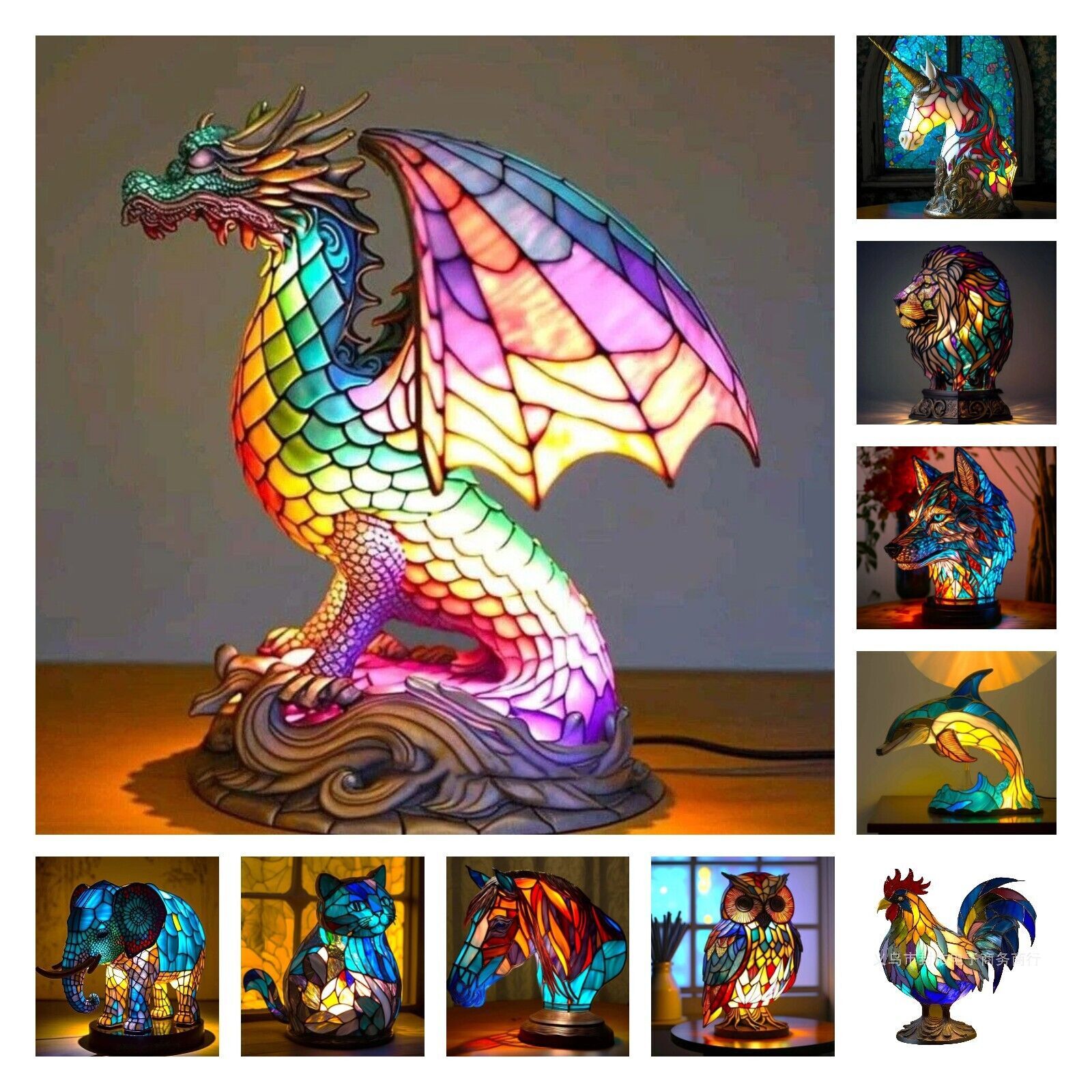 Animal Table Lamp Stained Glass Stained Night Light Retro De