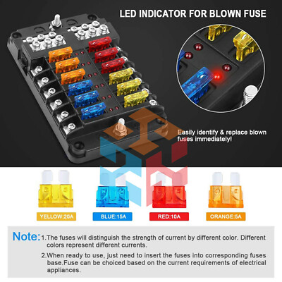 12-Way Blade Fuse Box Block Holder LED Indicator for 12V 32V Auto Marine