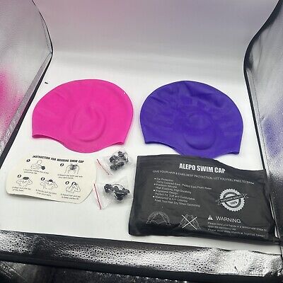 Set Of Silicone Swimming Adult Caps Pink & Purple with Ear Plugs and Nose Clip