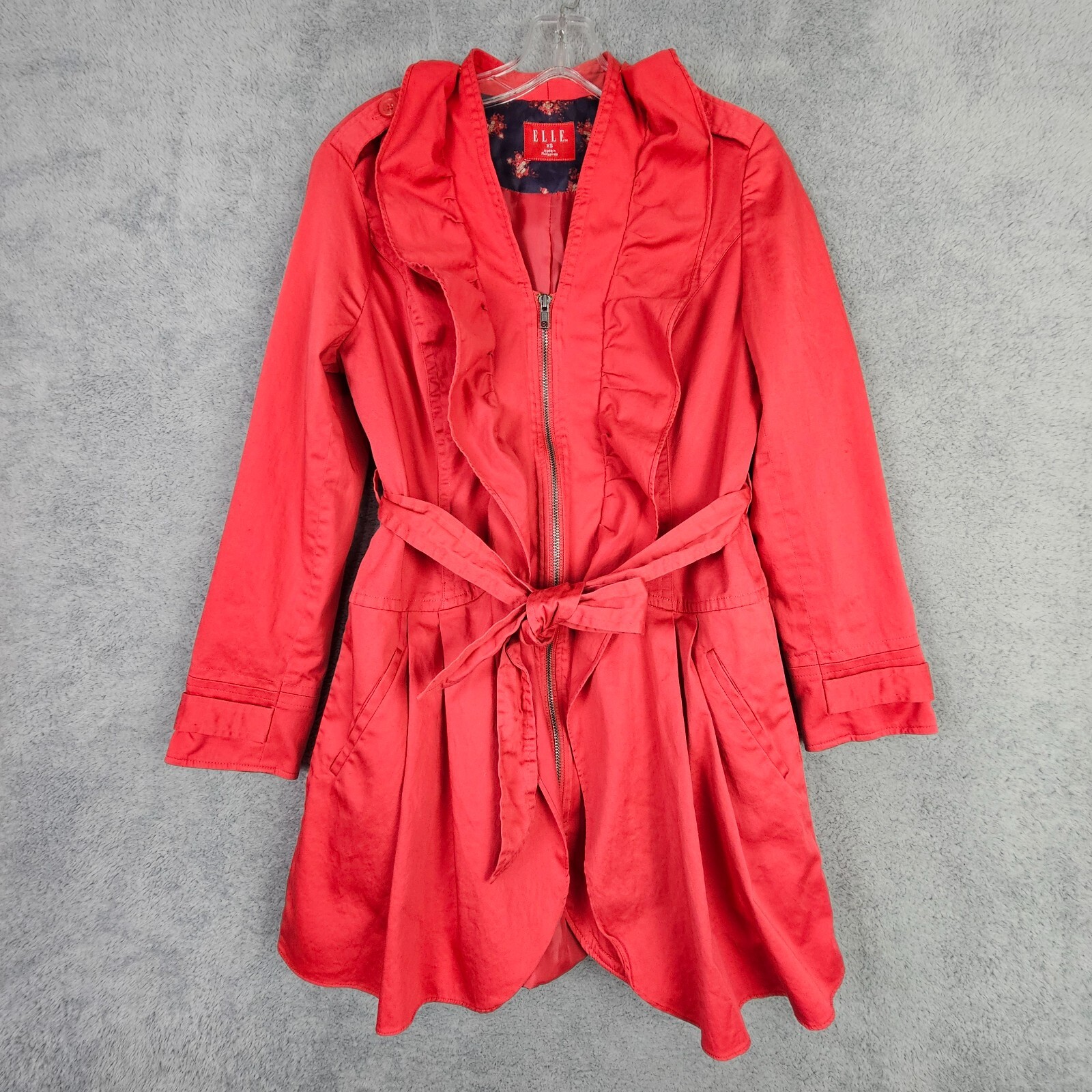 Womens Trench Coat XS Pink Ruffle Neck Zip Belted Jacket