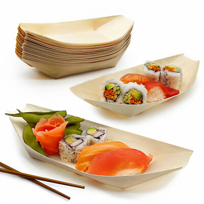 Disposable 10'' Sushi Boats - Biodegradable Poplar Wood Trays