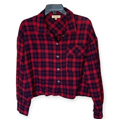 Love Notes Red and Blue Plaid Cropped Long Sleeve Flannel Shirt - Size Large