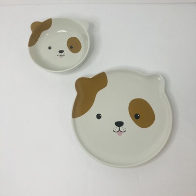 H&M Home Plate And Bowl Childs Ceramic Set Puppy Dog