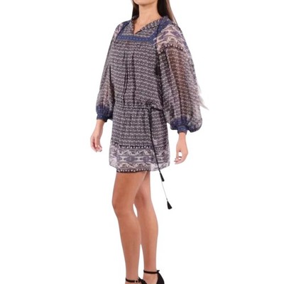 Ulla Johnson Silk Blue Printed Tasseled Puff Sleeve Reema Boho Mini Dress 4