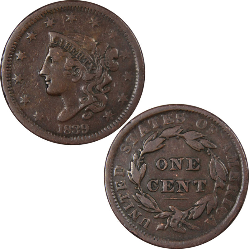 1839 Head of 1838 Coronet Head Large Cent F Fine Copper Penny 1c US Type Coin