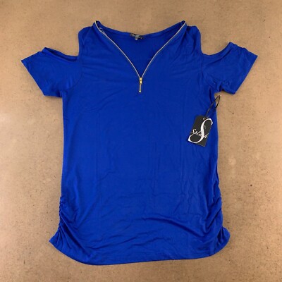 Splash Juniors Size 1X Monaco Blue Cold Shoulder Zipper V Neck Ruched Tee NWT