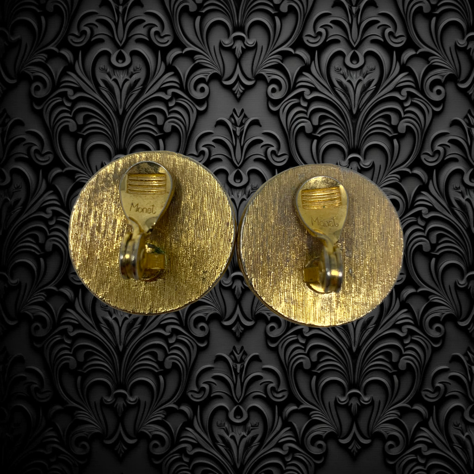 Vintage 1980's Monet White Cabochon Button Gold Tone Clip On Earrings New Wave