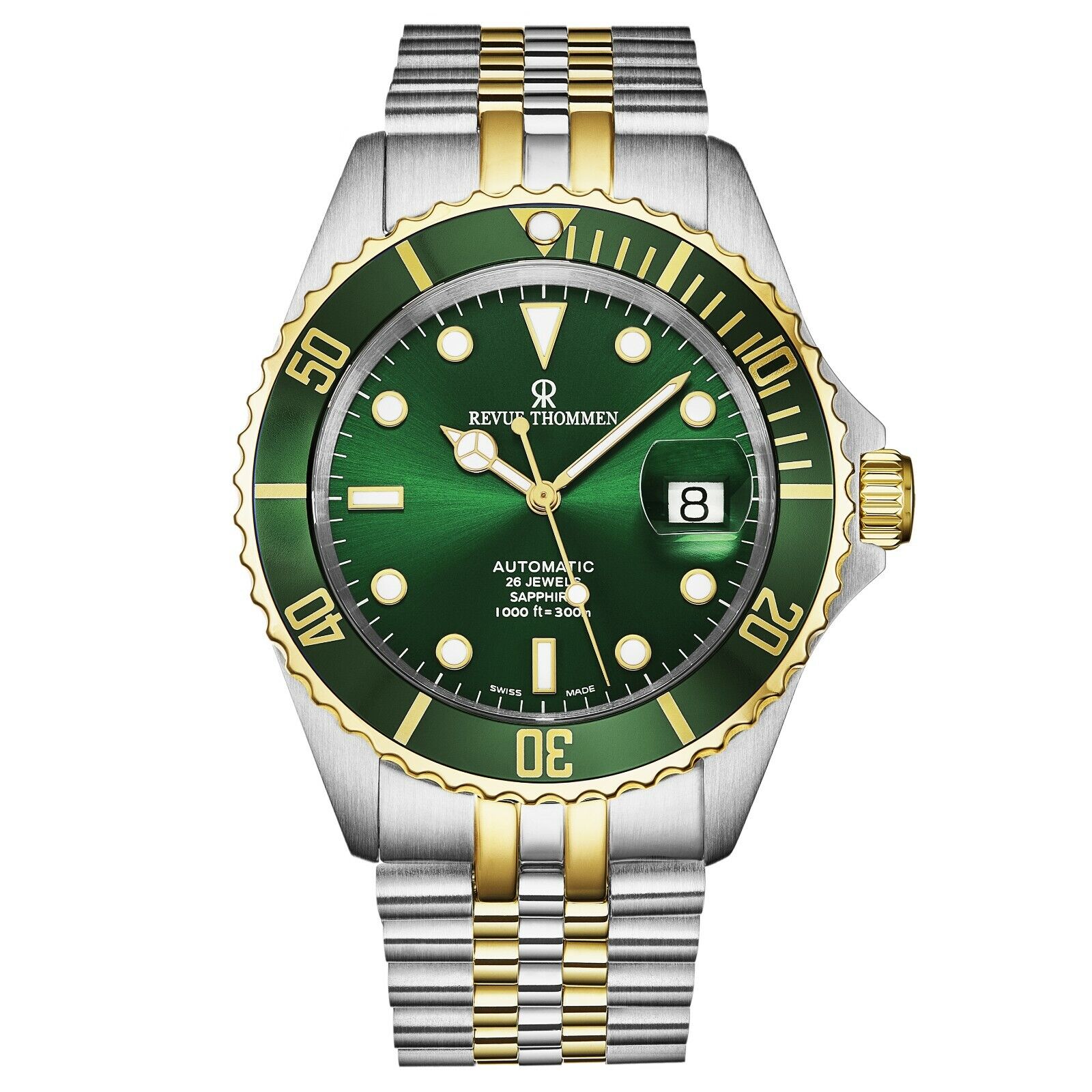 Pre-owned Revue Thommen Men's Diver Green Dial Two Tone Automatic Watch 17571.2244