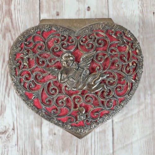 Vintage Heart Cherub Trinket Jewelry Box Silver Tone Red