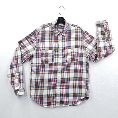 J Crew Shirt Men L Plaid 100% Cotton Long Sleeve Pockets Lumberjack Outdoor Flaw