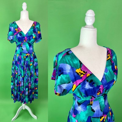 Vintage 80s/90s Tropical Abstract Rayon Dress Jewel Tones - Size S/M